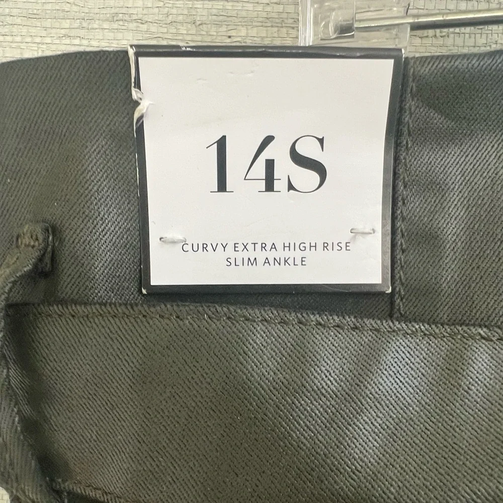 NWT New 14S 14 short Whbm coated denim jeans curvy fatigue green faux leather